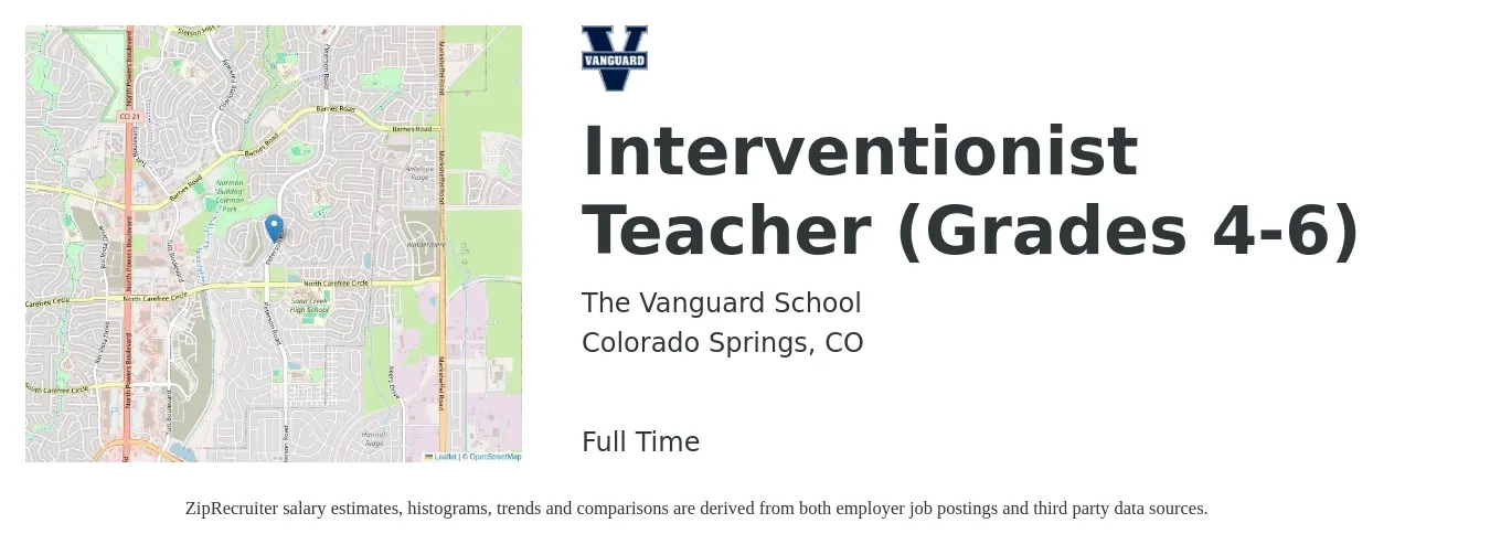 The Vanguard School job posting for a Interventionist Teacher (Grades 4-6) in Colorado Springs, CO with a salary of $38,000 Yearly with a map of Colorado Springs location.