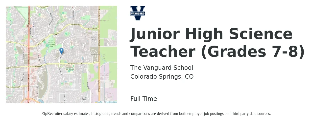The Vanguard School job posting for a Junior High Science Teacher (Grades 7-8) in Colorado Springs, CO with a salary of $45,000 Yearly with a map of Colorado Springs location.