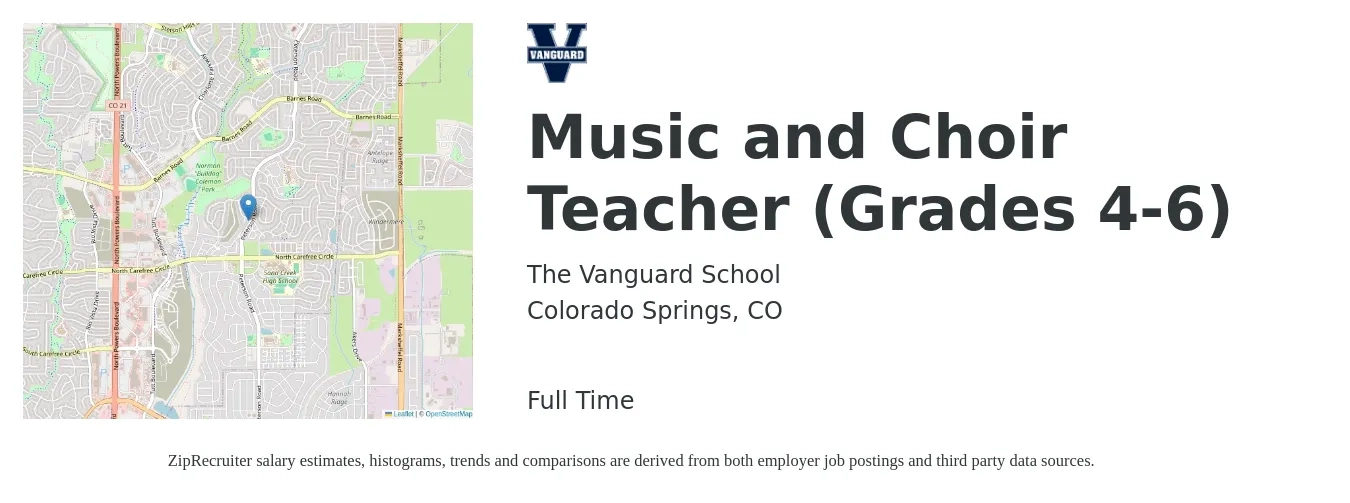 The Vanguard School job posting for a Music and Choir Teacher (Grades 4-6) in Colorado Springs, CO with a salary of $45,000 Yearly with a map of Colorado Springs location.