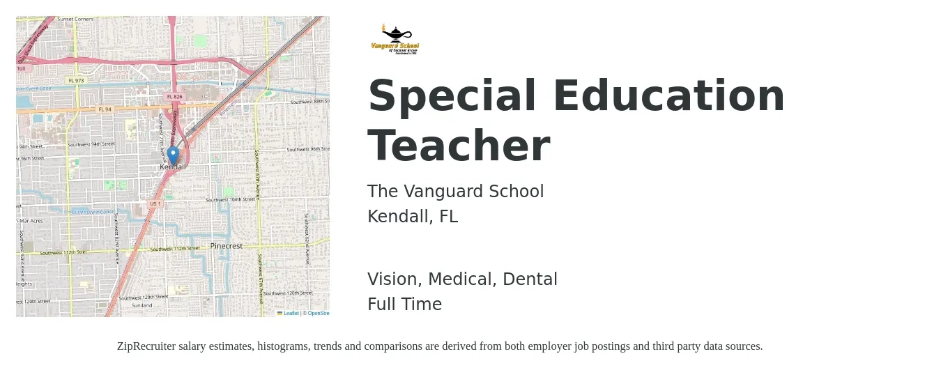 The Vanguard School job posting for a Special Education Teacher in Kendall, FL with a salary of $47,900 to $63,200 Yearly and benefits including life_insurance, medical, retirement, vision, and dental with a map of Kendall location.