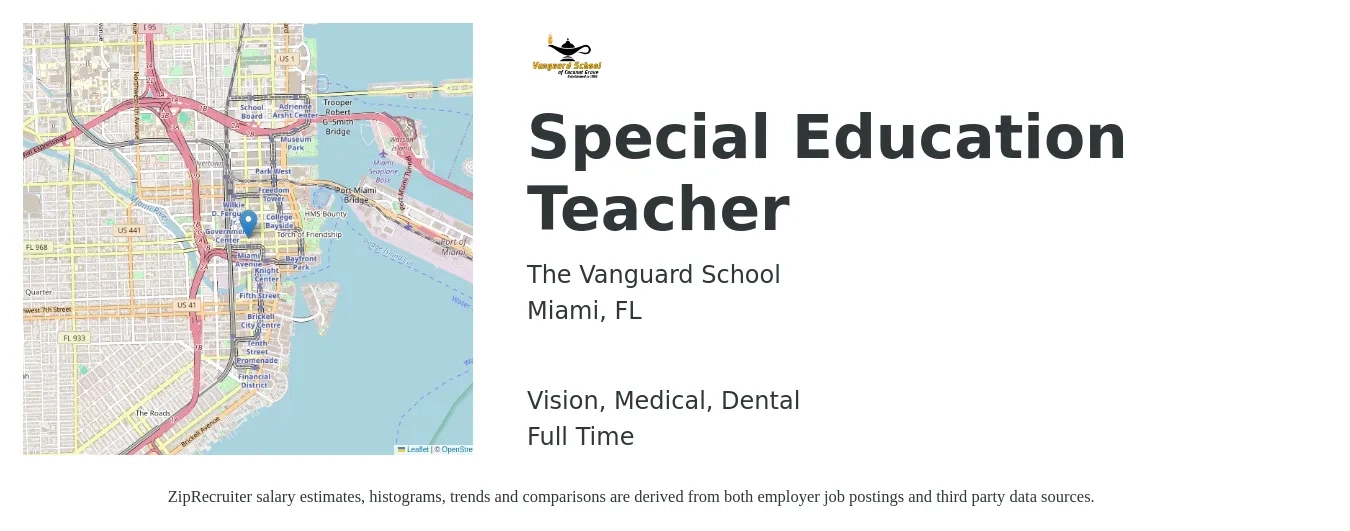 The Vanguard School job posting for a Special Education Teacher in Miami, FL with a salary of $47,800 to $63,100 Yearly and benefits including life_insurance, medical, retirement, vision, and dental with a map of Miami location.