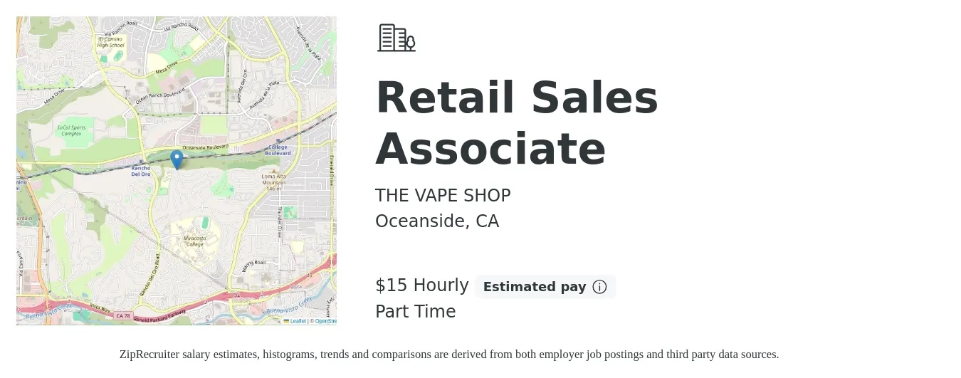 THE VAPE SHOP job posting for a Retail Sales Associate in Oceanside, CA with a salary of $16 to $16 Hourly with a map of Oceanside location.