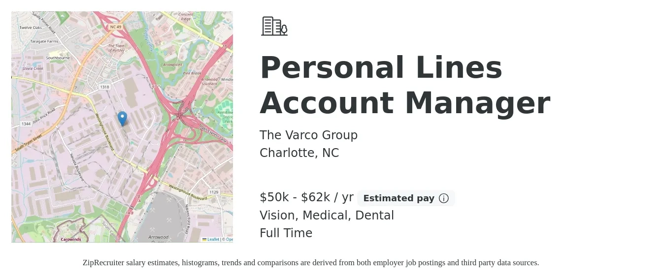 The Varco Group job posting for a Personal Lines Account Manager in Charlotte, NC with a salary of $50,000 to $62,000 Yearly and benefits including dental, medical, pto, retirement, and vision with a map of Charlotte location.