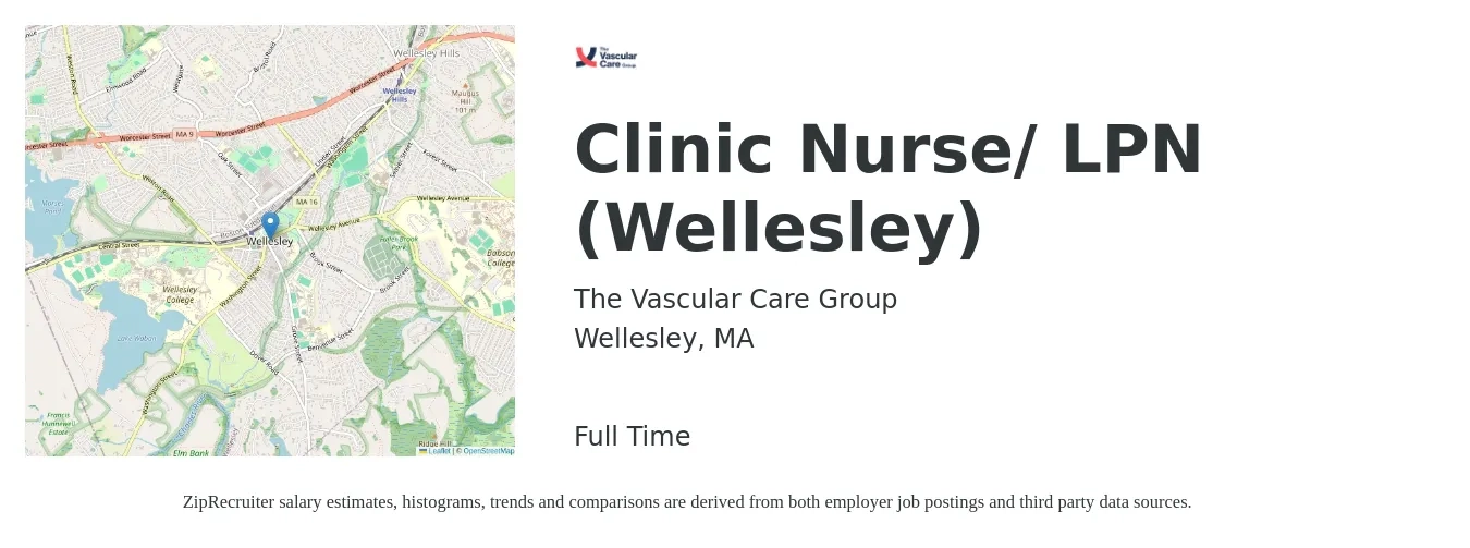 The Vascular Care Group job posting for a Clinic Nurse/ LPN (Wellesley) in Wellesley, MA with a salary of $28 to $38 Hourly with a map of Wellesley location.