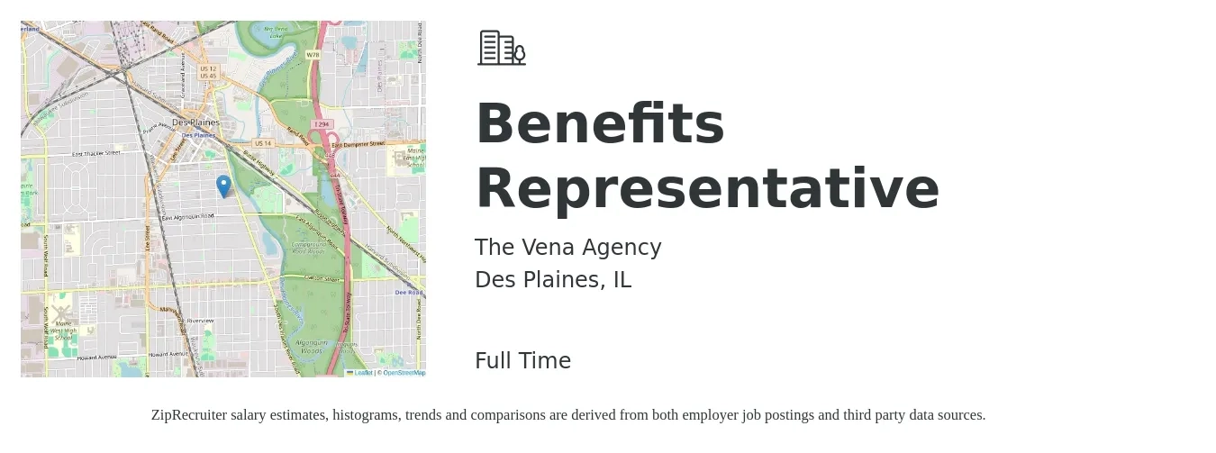 The Vena Agency job posting for a Benefits Representative in Des Plaines, IL with a salary of $37,700 to $65,200 Yearly with a map of Des Plaines location.