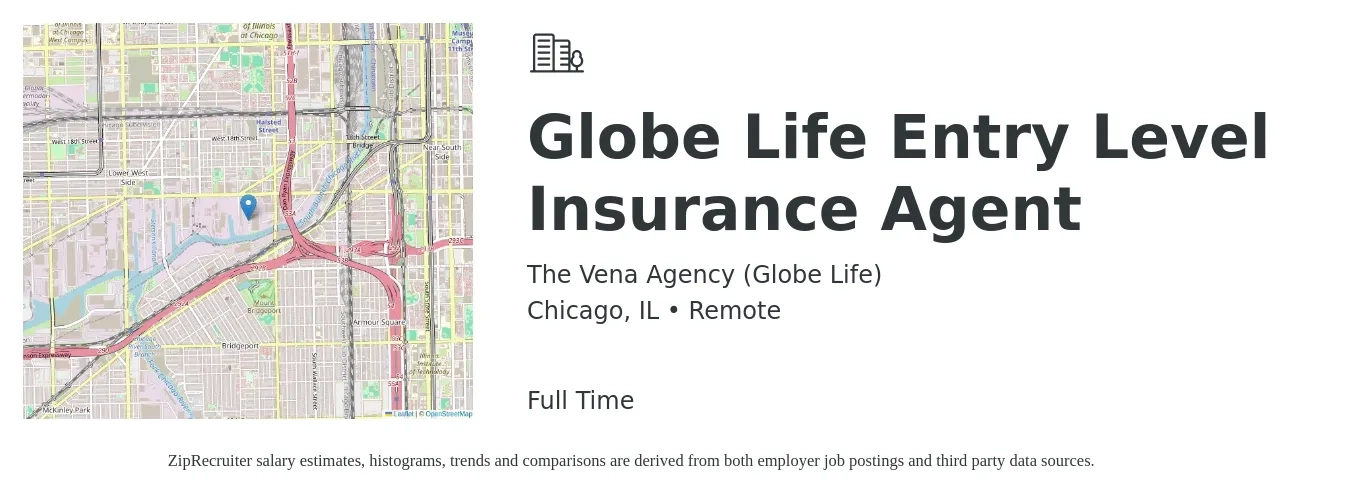 The Vena Agency (Globe Life) job posting for a Globe Life Entry Level Insurance Agent in Chicago, IL with a salary of $105,700 to $137,100 Yearly with a map of Chicago location.