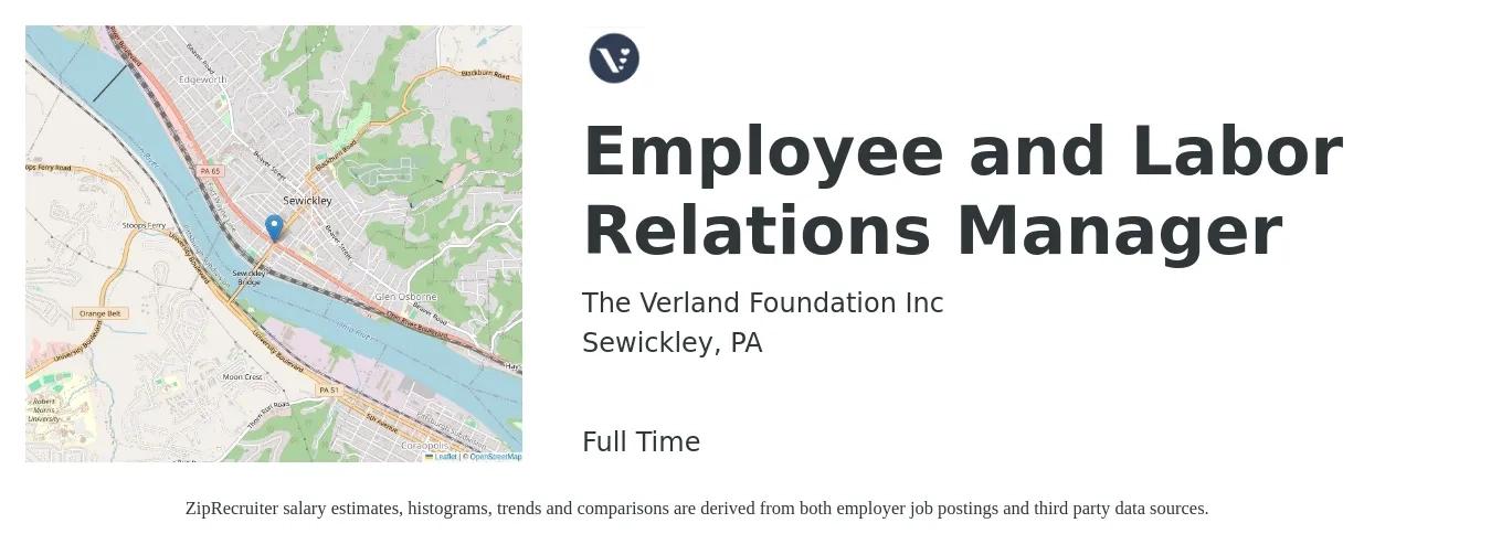 The Verland Foundation Inc job posting for a Employee and Labor Relations Manager in Sewickley, PA with a salary of $86,100 to $121,400 Yearly with a map of Sewickley location.