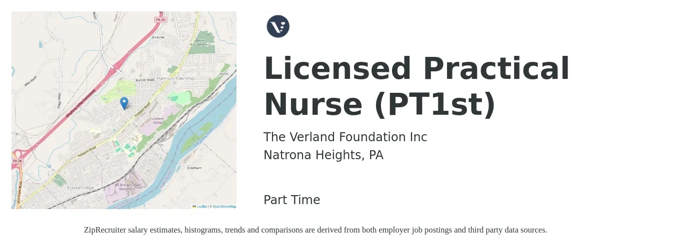 The Verland Foundation Inc job posting for a Licensed Practical Nurse (PT1st) in Natrona Heights, PA with a salary of $23 to $32 Hourly with a map of Natrona Heights location.