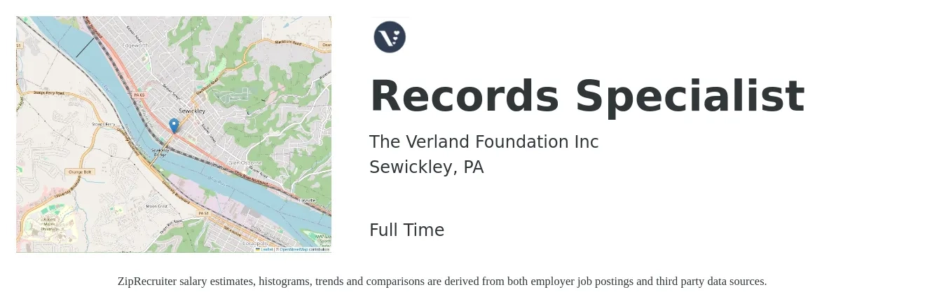 The Verland Foundation Inc job posting for a Records Specialist in Sewickley, PA with a salary of $44,000 to $75,500 Yearly with a map of Sewickley location.