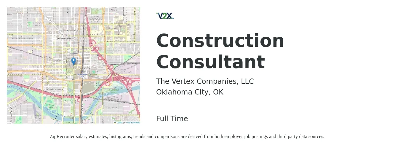 The Vertex Companies, LLC job posting for a Construction Consultant in Oklahoma City, OK with a salary of $61,300 to $94,800 Yearly with a map of Oklahoma City location.