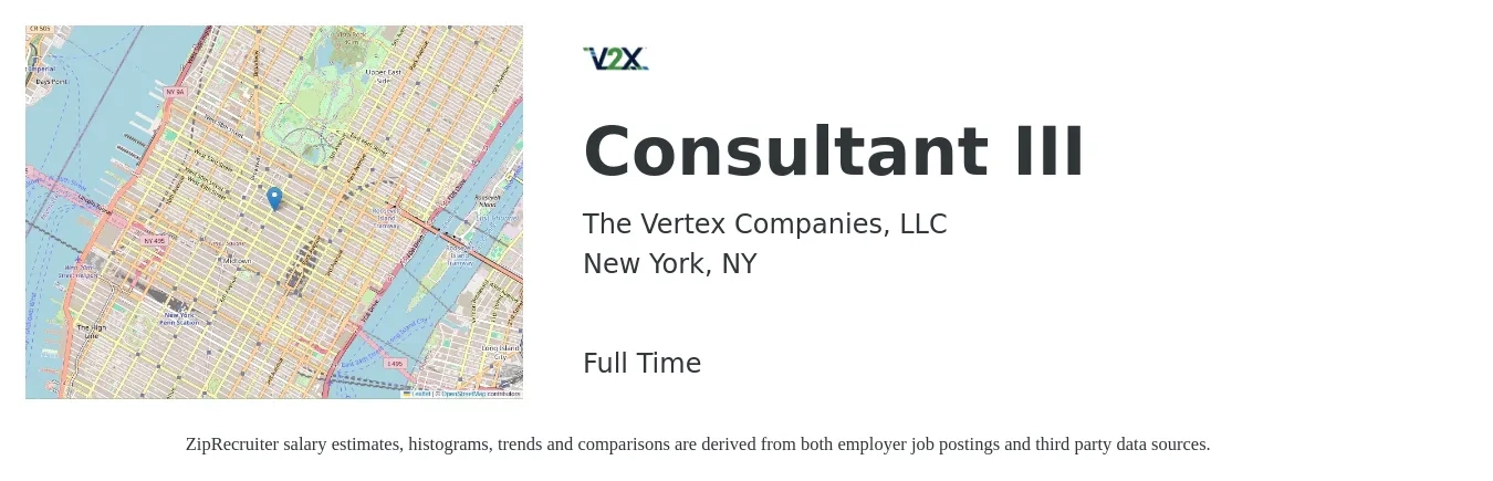 The Vertex Companies, LLC job posting for a Consultant III in New York, NY with a salary of $28 to $71 Hourly with a map of New York location.