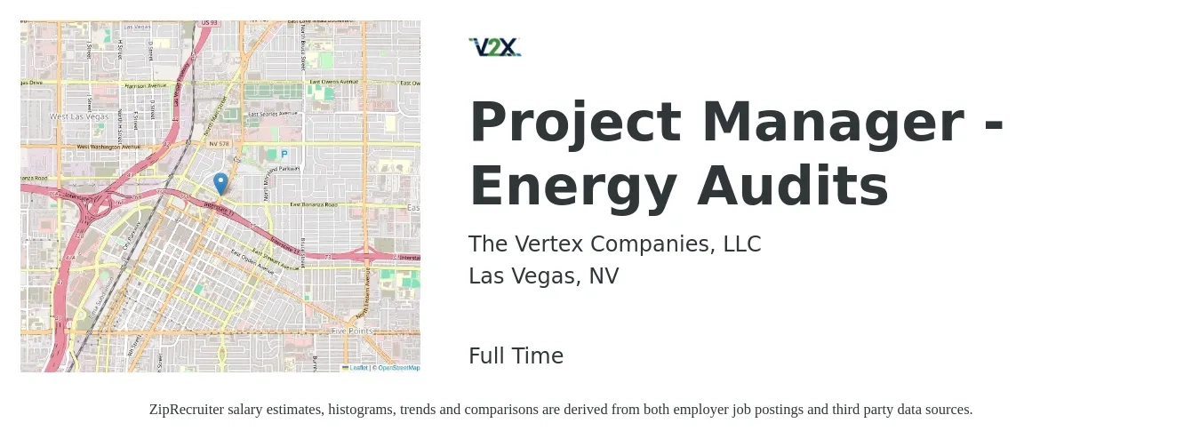 The Vertex Companies, LLC job posting for a Project Manager - Energy Audits in Las Vegas, NV with a salary of $69,300 to $105,400 Yearly with a map of Las Vegas location.