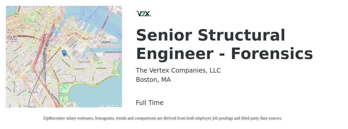 The Vertex Companies, LLC job posting for a Senior Structural Engineer - Forensics in Boston, MA with a salary of $109,200 to $148,300 Yearly with a map of Boston location.