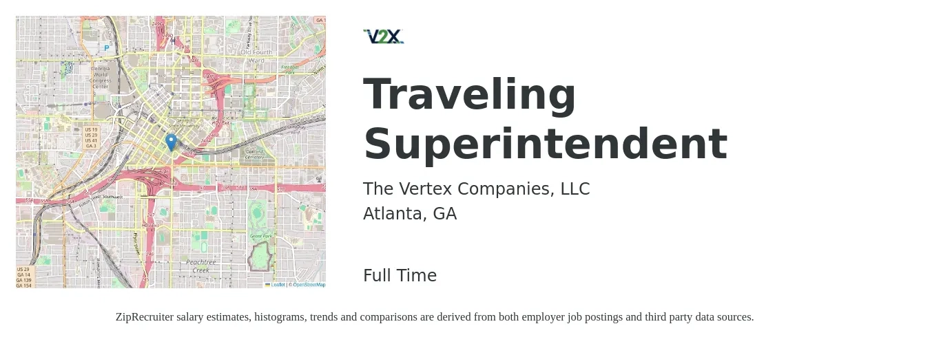 The Vertex Companies, LLC job posting for a Traveling Superintendent in Atlanta, GA with a salary of $81,300 to $113,500 Yearly with a map of Atlanta location.