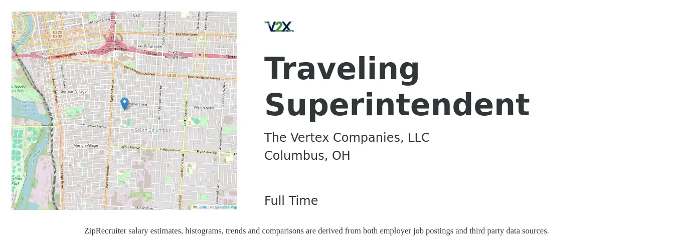 The Vertex Companies, LLC job posting for a Traveling Superintendent in Columbus, OH with a salary of $81,600 to $114,000 Yearly with a map of Columbus location.