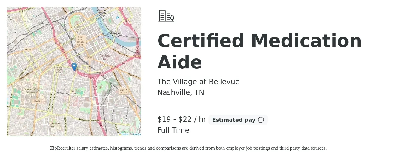 The Village at Bellevue job posting for a Certified Medication Aide in Nashville, TN with a salary of $20 to $23 Hourly with a map of Nashville location.