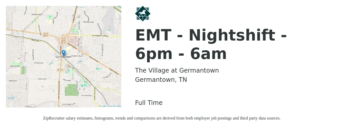 The Village at Germantown job posting for a EMT - Nightshift - 6pm - 6am in Germantown, TN with a salary of $16 to $21 Hourly with a map of Germantown location.