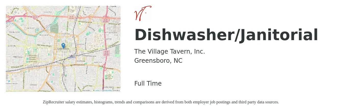 Village Tavern job posting for a Dishwasher/Janitorial in Greensboro, NC with a salary of $12 to $16 Hourly with a map of Greensboro location.