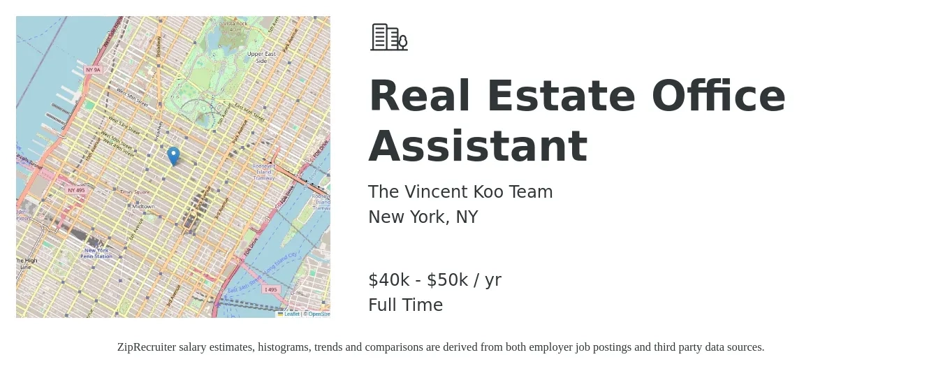 The Vincent Koo Team job posting for a Real Estate Office Assistant in New York, NY with a salary of $40,000 to $50,000 Yearly with a map of New York location.