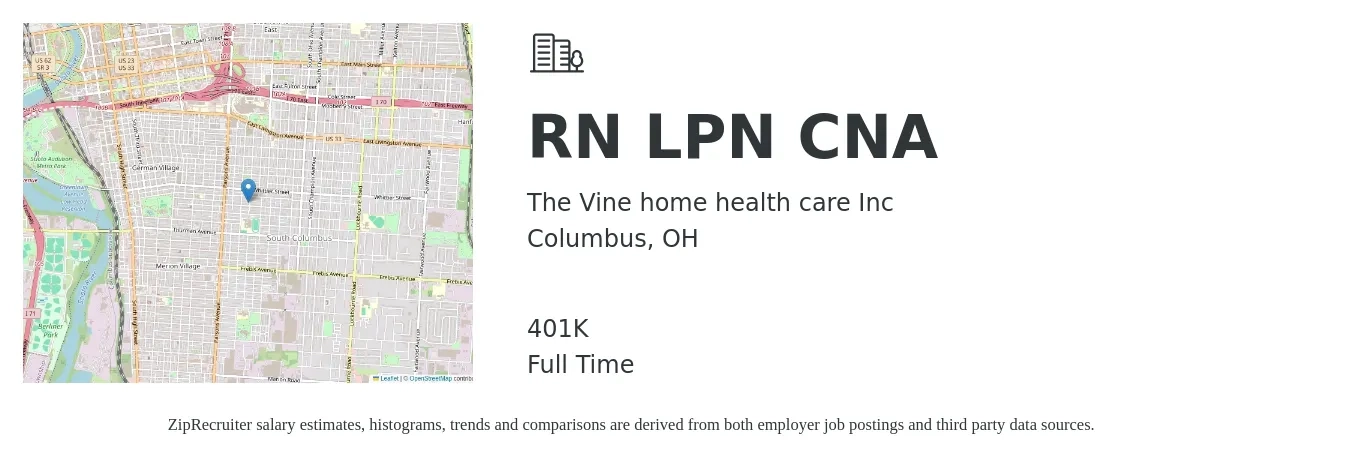 The Vine home health care Inc job posting for a RN LPN CNA in Columbus, OH with a salary of $21 to $36 Hourly and benefits including 401k with a map of Columbus location.