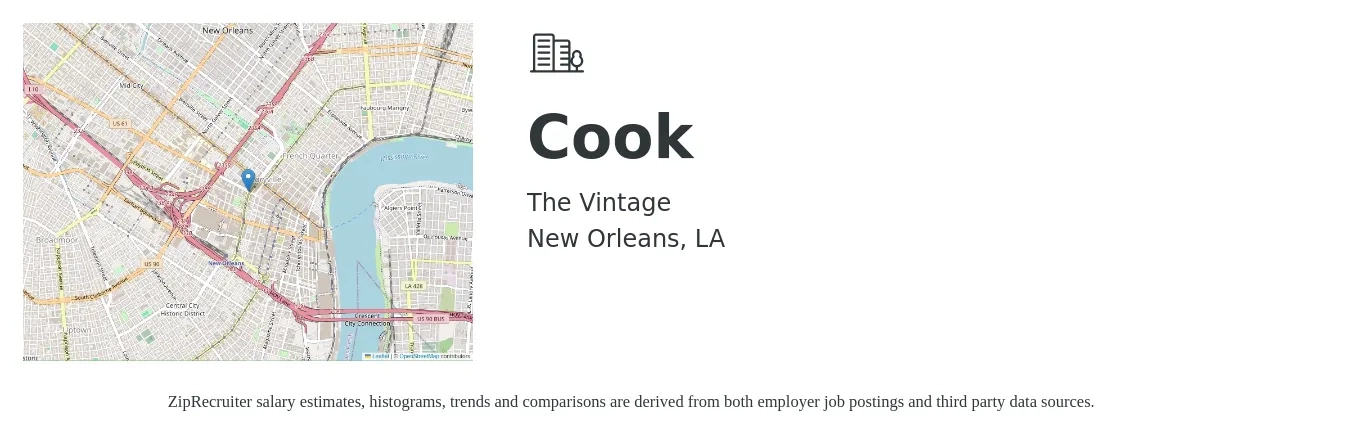 The Vintage job posting for a Cook in New Orleans, LA with a salary of $14 to $18 Hourly with a map of New Orleans location.