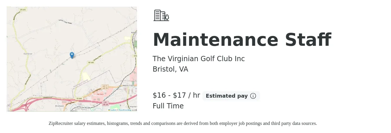 The Virginian Golf Club Inc job posting for a Maintenance Staff in Bristol, VA with a salary of $17 to $18 Yearly with a map of Bristol location.