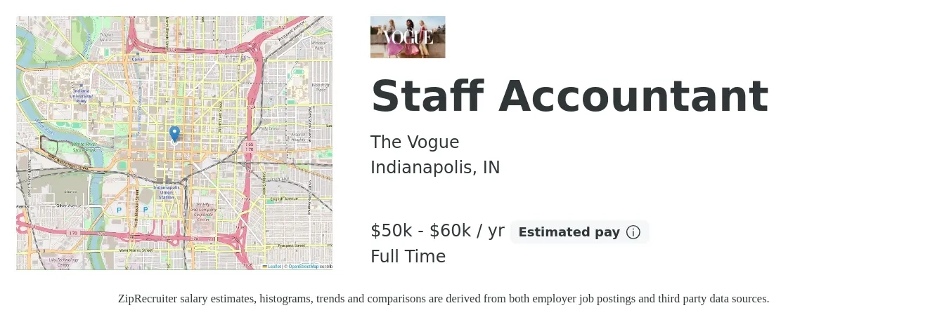 The Vogue job posting for a Staff Accountant in Indianapolis, IN with a salary of $50,000 to $60,000 Yearly with a map of Indianapolis location.