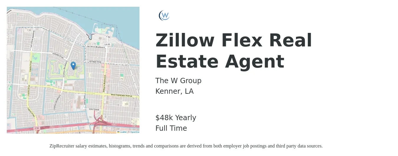 The W Group job posting for a Zillow Flex Real Estate Agent in Kenner, LA with a salary of $48,227 Yearly with a map of Kenner location.
