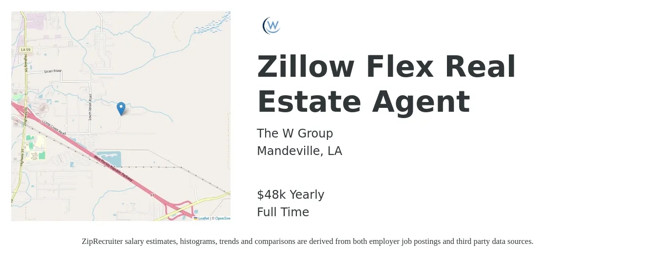 The W Group job posting for a Zillow Flex Real Estate Agent in Mandeville, LA with a salary of $48,227 Yearly with a map of Mandeville location.