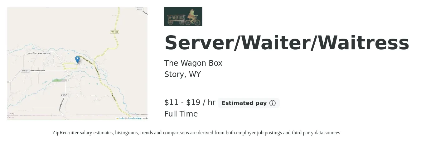 The Wagon Box job posting for a Server/Waiter/Waitress in Story, WY with a salary of $12 to $20 Hourly with a map of Story location.