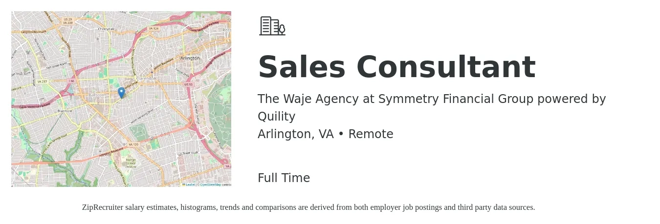 The Waje Agency at Symmetry Financial Group powered by Quility job posting for a Sales Consultant in Arlington, VA with a salary of $4,100 to $8,800 Monthly with a map of Arlington location.