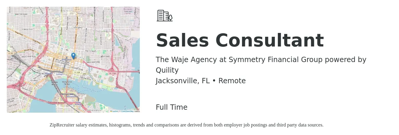 The Waje Agency at Symmetry Financial Group powered by Quility job posting for a Sales Consultant in Jacksonville, FL with a salary of $4,100 to $8,800 Monthly with a map of Jacksonville location.