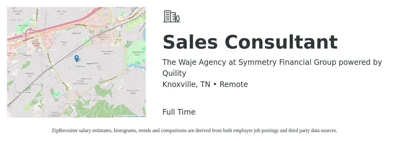 The Waje Agency at Symmetry Financial Group powered by Quility job posting for a Sales Consultant in Knoxville, TN with a salary of $4,100 to $8,800 Monthly with a map of Knoxville location.