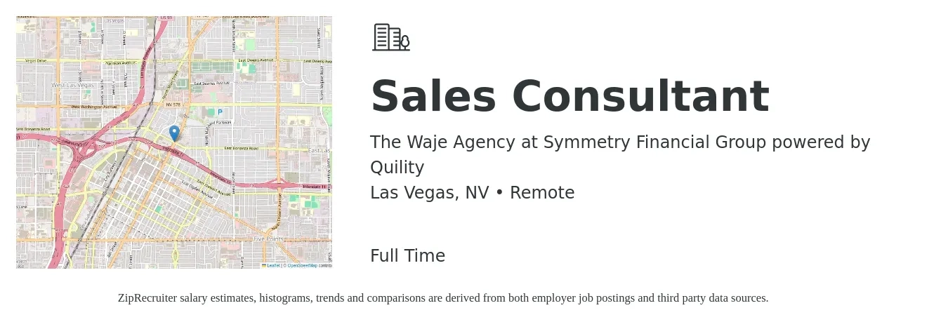 The Waje Agency at Symmetry Financial Group powered by Quility job posting for a Sales Consultant in Las Vegas, NV with a salary of $4,100 to $8,800 Monthly with a map of Las Vegas location.