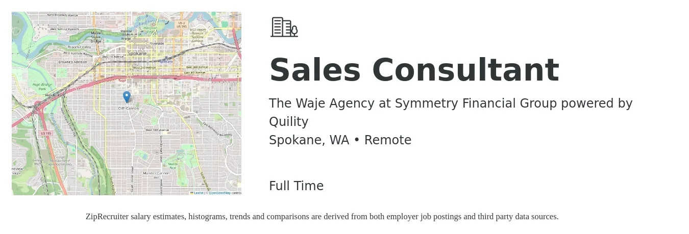 The Waje Agency at Symmetry Financial Group powered by Quility job posting for a Sales Consultant in Spokane, WA with a salary of $4,100 to $8,800 Monthly with a map of Spokane location.
