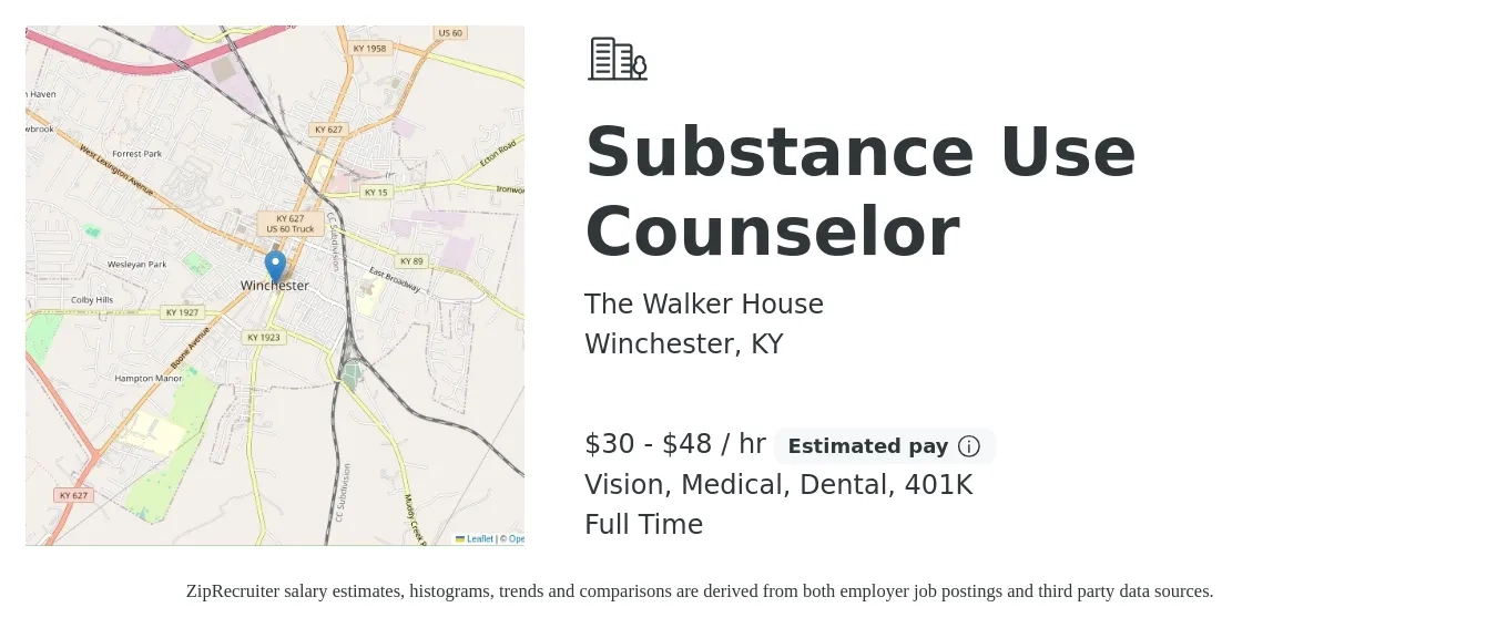 The Walker House job posting for a Substance Use Counselor in Winchester, KY with a salary of $32 to $50 Hourly and benefits including medical, vision, 401k, and dental with a map of Winchester location.