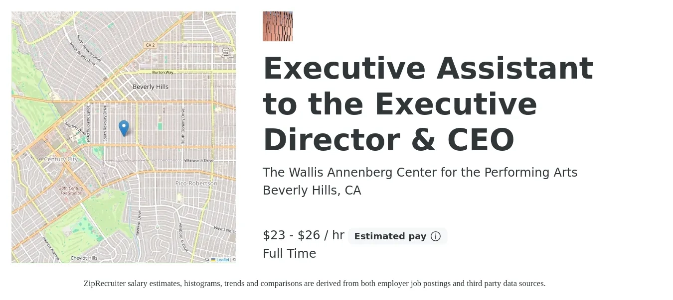 The Wallis Annenberg Center for the Performing Arts job posting for a Executive Assistant to the Executive Director & CEO in Beverly Hills, CA with a salary of $24 to $27 Hourly with a map of Beverly Hills location.
