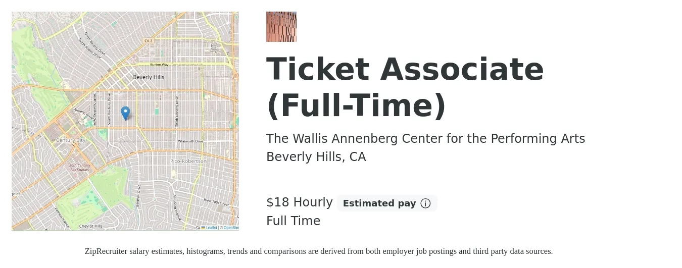 The Wallis Annenberg Center for the Performing Arts job posting for a Ticket Associate (Full-Time) in Beverly Hills, CA with a salary of $19 Hourly with a map of Beverly Hills location.