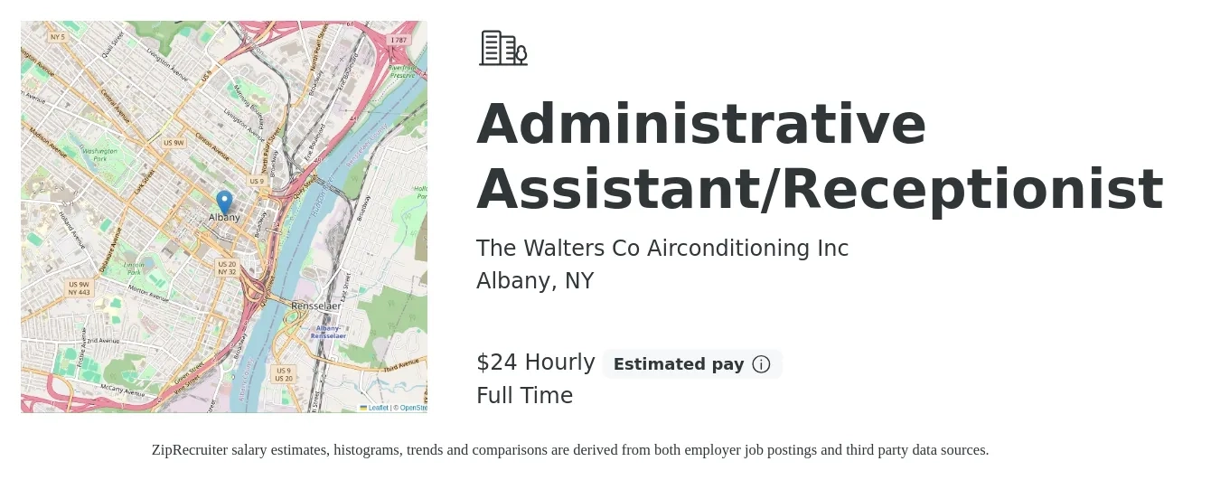 The Walters Co Airconditioning Inc job posting for a Administrative Assistant/Receptionist in Albany, NY with a salary of $25 Hourly with a map of Albany location.