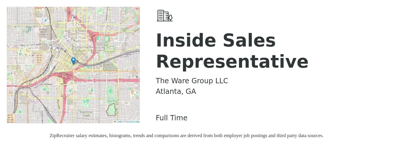 The Ware Group LLC job posting for a Inside Sales Representative in Atlanta, GA with a salary of $38,000 to $56,700 Yearly with a map of Atlanta location.