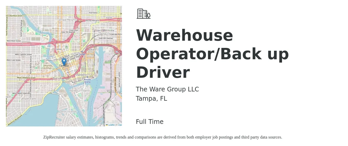 The Ware Group LLC job posting for a Warehouse Operator/Back up Driver in Tampa, FL with a salary of $16 to $19 Hourly with a map of Tampa location.