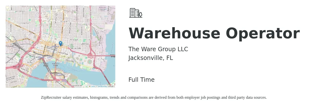 The Ware Group LLC job posting for a Warehouse Operator in Jacksonville, FL with a salary of $16 to $19 Hourly with a map of Jacksonville location.