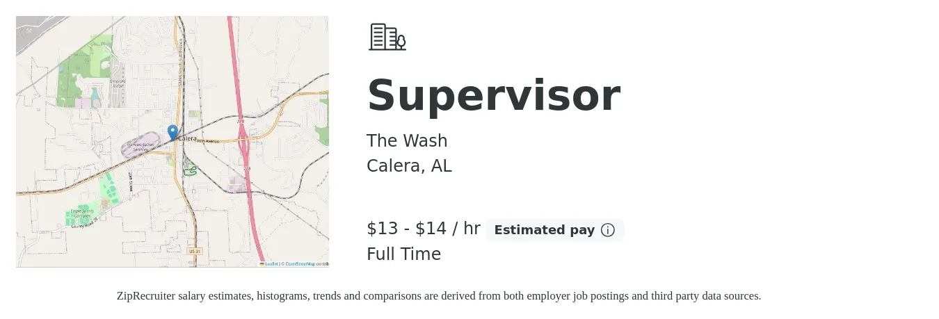 The Wash job posting for a Supervisor in Calera, AL with a salary of $14 to $15 Hourly with a map of Calera location.