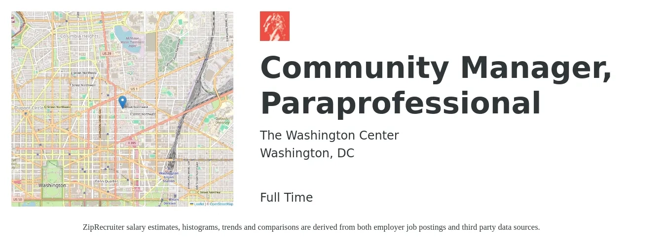 The Washington Center job posting for a Community Manager, Paraprofessional in Washington, DC with a salary of $300 Weekly with a map of Washington location.