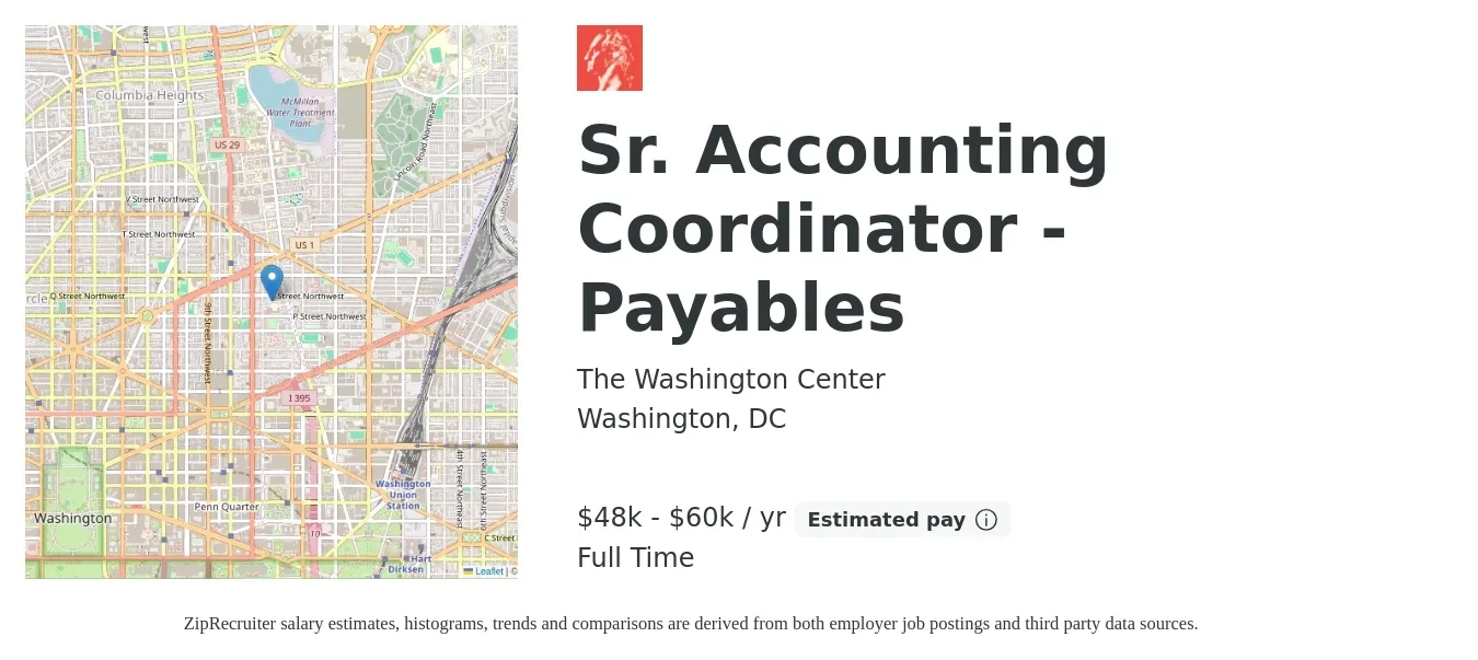 The Washington Center job posting for a Sr. Accounting Coordinator - Payables in Washington, DC with a salary of $48,200 to $60,300 Yearly with a map of Washington location.