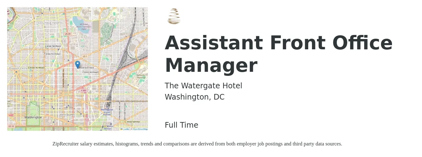 The Watergate Hotel job posting for a Assistant Front Office Manager in Washington, DC with a salary of $51,900 to $73,400 Yearly with a map of Washington location.