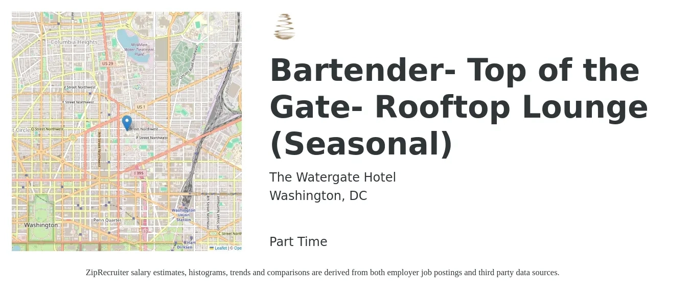 The Watergate Hotel job posting for a Bartender- Top of the Gate- Rooftop Lounge (Seasonal) in Washington, DC with a salary of $11 to $21 Hourly with a map of Washington location.
