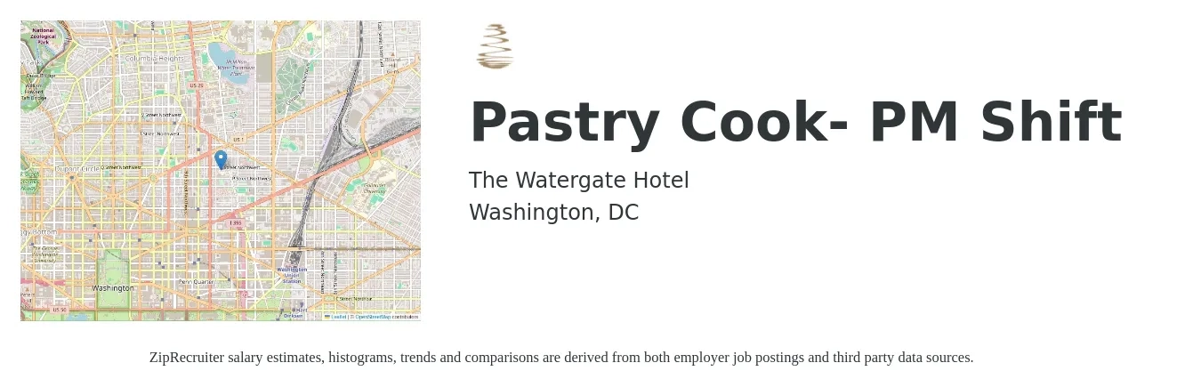 The Watergate Hotel job posting for a Pastry Cook- PM Shift in Washington, DC with a salary of $20 to $24 Hourly with a map of Washington location.