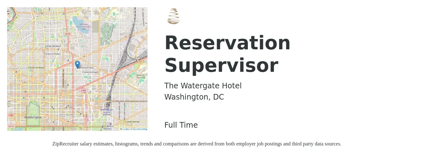 The Watergate Hotel job posting for a Reservation Supervisor in Washington, DC with a salary of $48,000 to $79,000 Yearly with a map of Washington location.