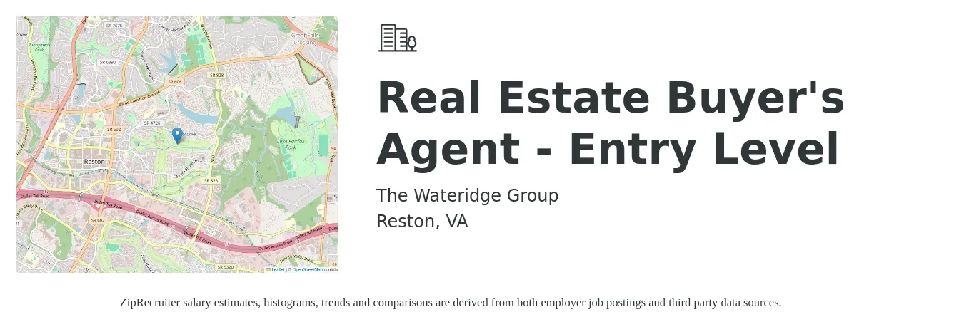 The Wateridge Group job posting for a Real Estate Buyer'S Agent - Entry Level in Reston, VA with a salary of $75,000 Yearly with a map of Reston location.
